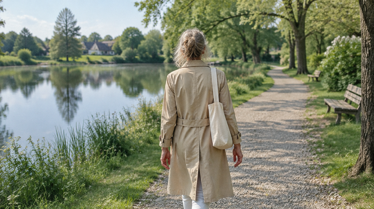 Frau spaziert morgens durch einen grünen Park am Teich – Eisenmangel und Ferritin