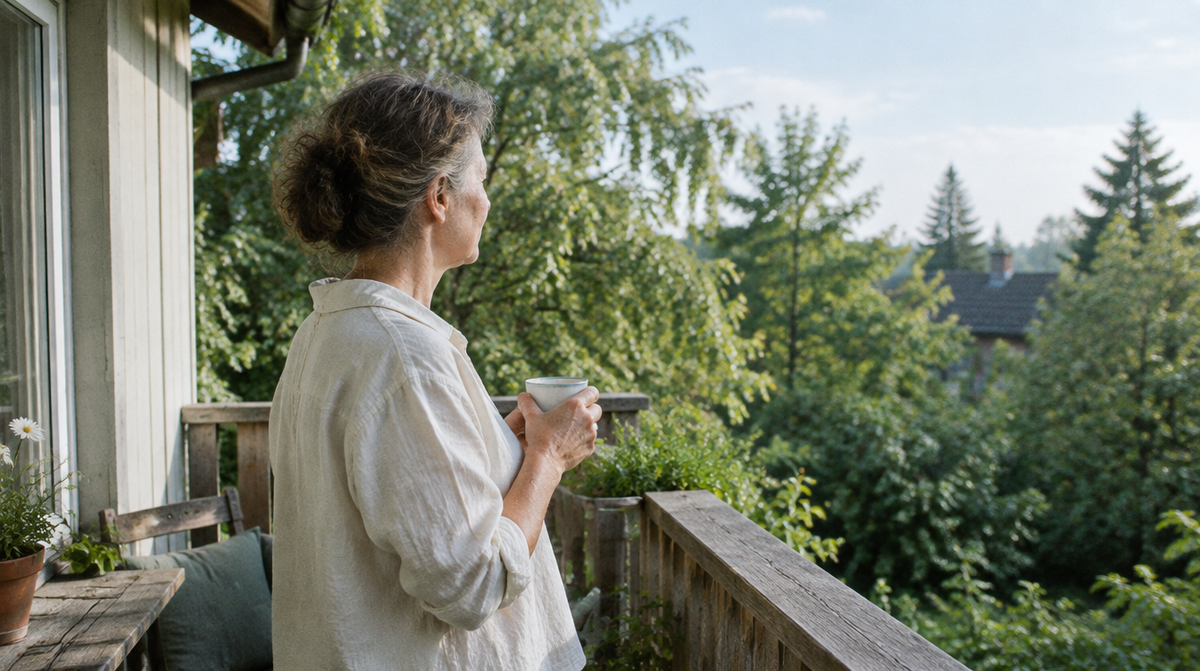 Frau um die 50 am Morgen auf dem Balkon in Leinenhemd – Haut in den Wechseljahren