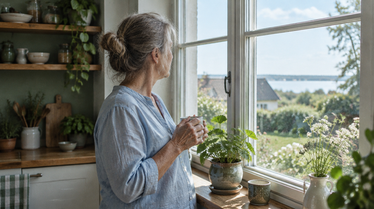 Frau ab 50 am Fenster mit einer Tasse am Morgen – Kollagen und Haut