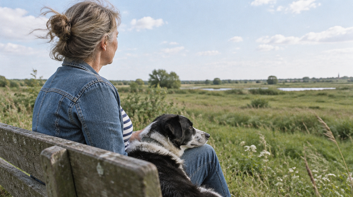 Frau sitzt mit ihrem Hund auf einer Bank am Feldrand