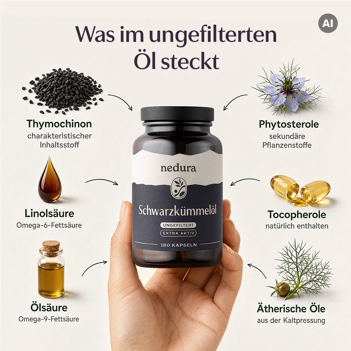 Schwarzkümmelöl Kapseln extra aktiv ungefiltert - 60 Kapseln - nedura