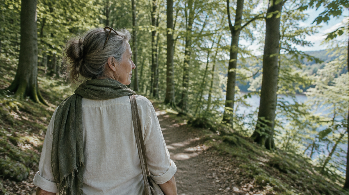 Frau spaziert durch einen sonnigen Buchenwald