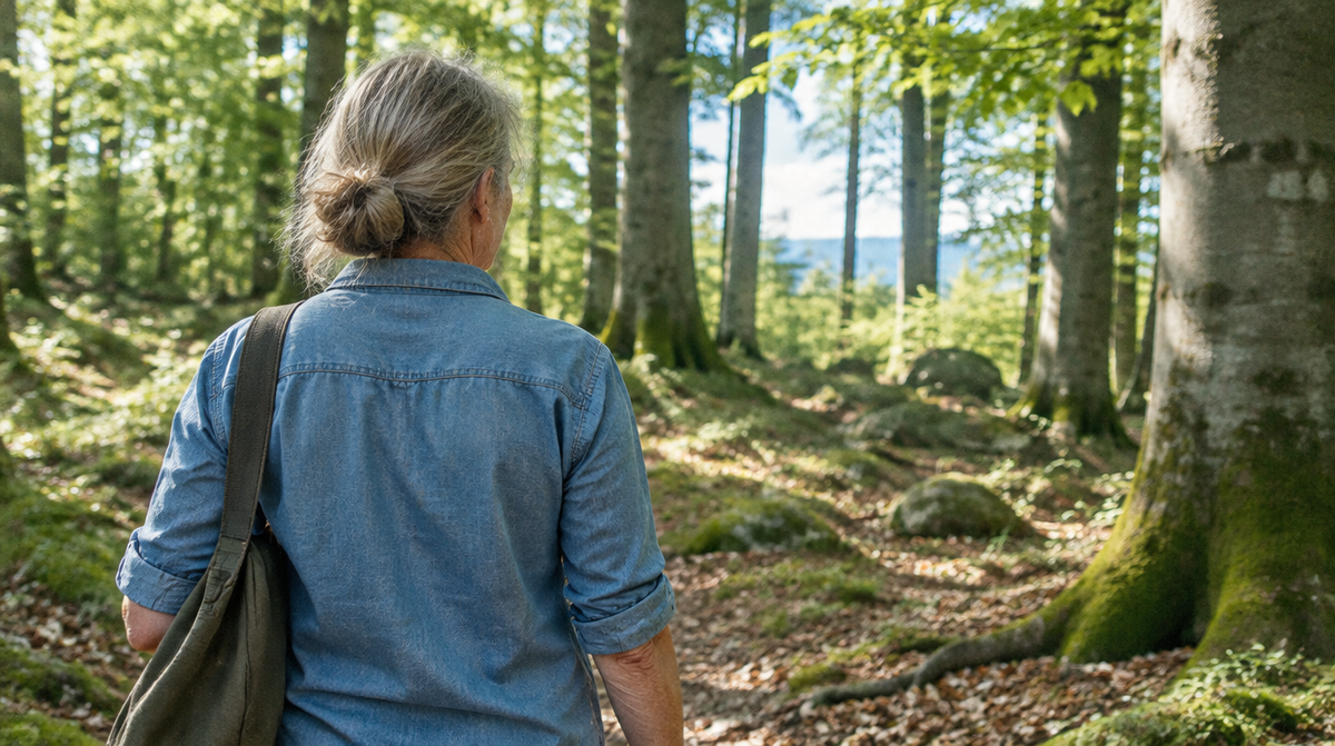 Frau geht durch einen Buchenwald – Cortisol und Stress verstehen