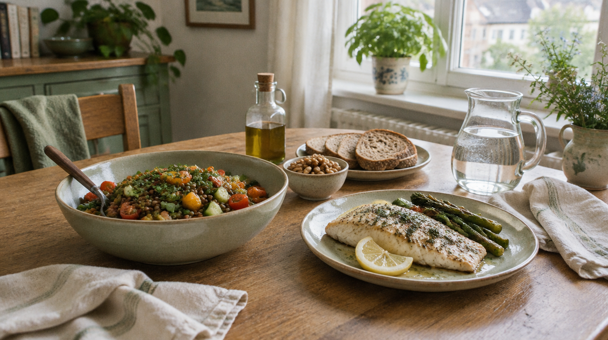 Gedeckter Tisch mit Linsensalat, Fisch, Walnüssen und Olivenöl