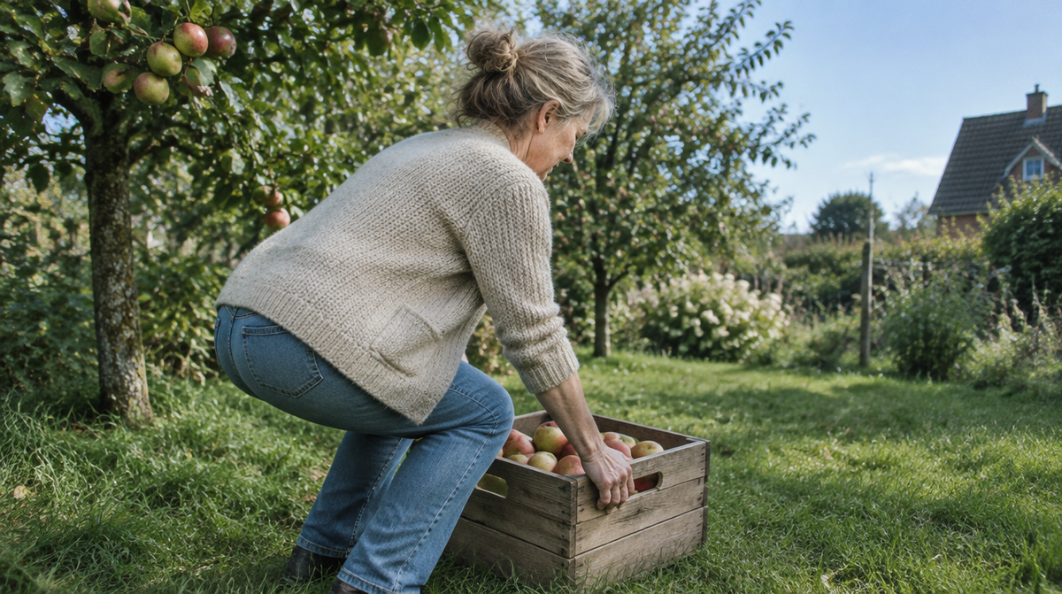 Frau hebt eine Apfelkiste im Garten