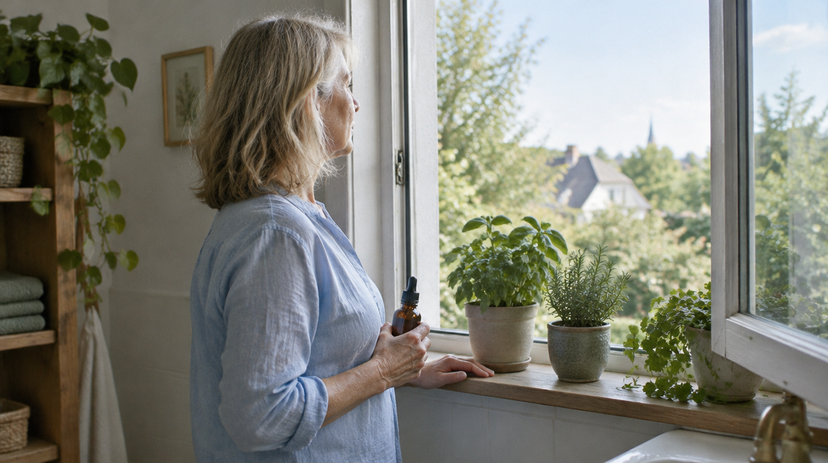 Frau am Badfenster mit kleiner Pipettenflasche Schwarzkümmelöl