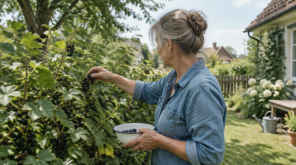 Frau pflückt im Garten schwarze Johannisbeeren – Vitamin C für die Haut